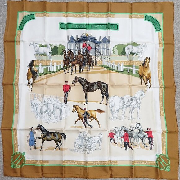 Authentic HERMES "LES HARAS NATIONAUX" Brown 100% Silk Scarf - Picture 15 of 16